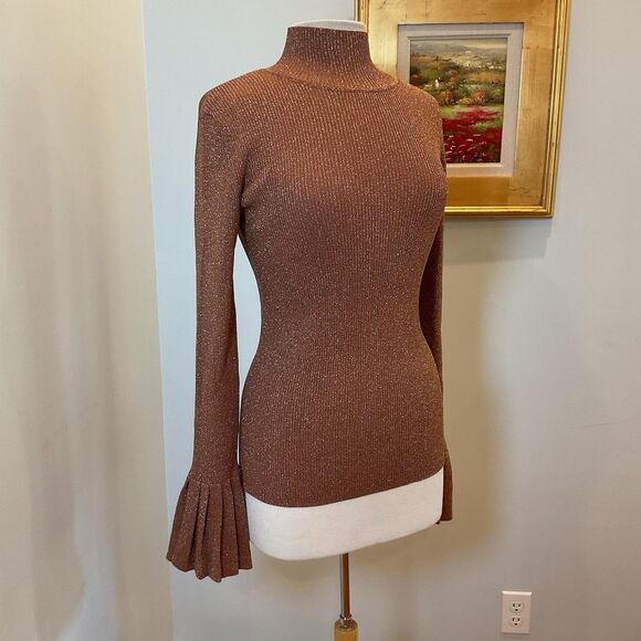 Carven Rose Gold Lurex Metallic Turtleneck Sweater Pleated Bell Cuff Size Small - Picture 5 of 10